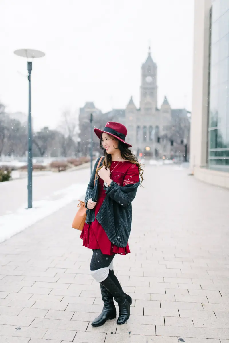 Festive Flair: Red A-line Dress with Cardigan and Fedora Festive Flair: Red A-line Dress with Cardigan and Fedora — Dressy Winter Outfits