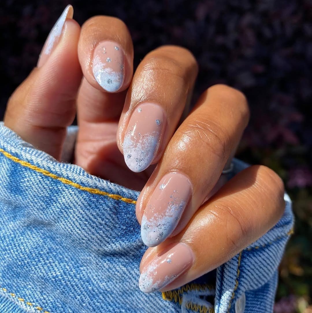 Frosted Nude to Blue Ombre Frosted Nude to Blue Ombre — Short Winter Gel Nails