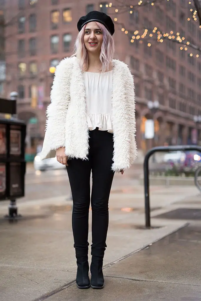 Fuzzy White Coat with Slim Pants and Beret — Grunge Winter Outfits