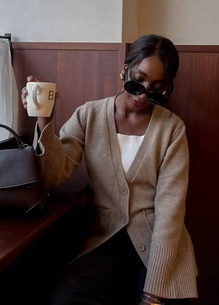 Beige Knit Cardigan with Dark Trousers for Dinner — Winter Dinner Outfits