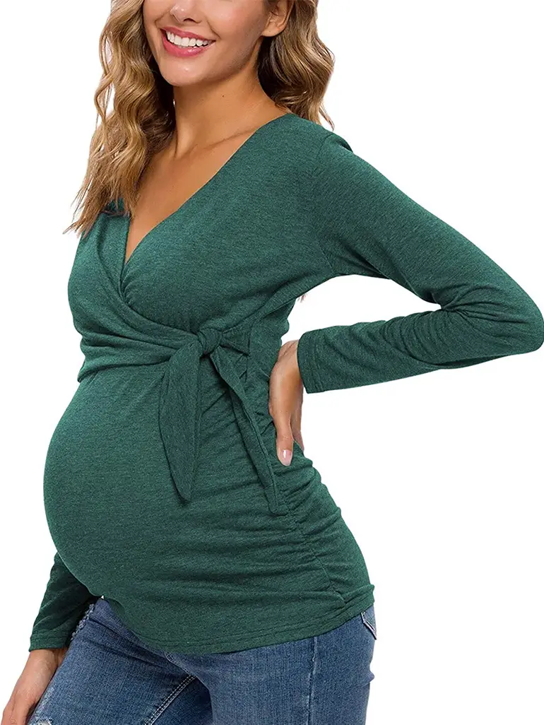 Forest Green Wrap Maternity Top with Jeans Forest Green Wrap Maternity Top with Jeans — Winter Maternity Outfits