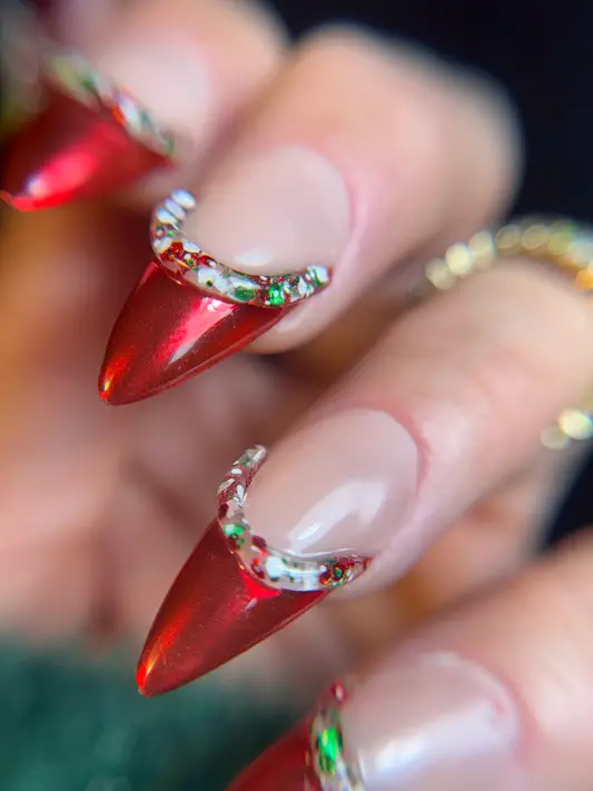 Metallic Red Crescent Moon Stilettos Metallic Red Crescent Moon Stilettos — Winter Stiletto Nails