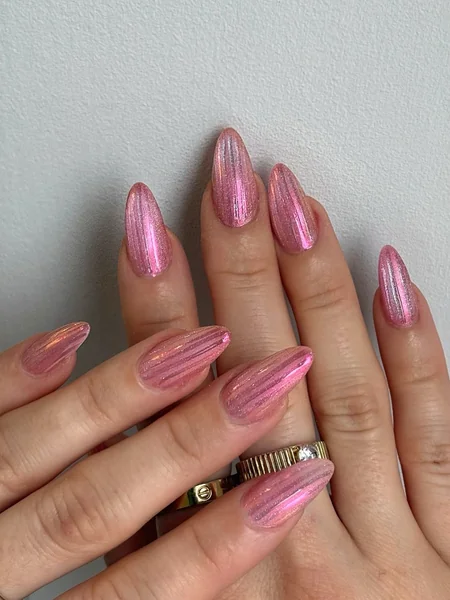 Vibrant Pink Iridescent Chrome with Etched Lines — Chrome Nail Designs