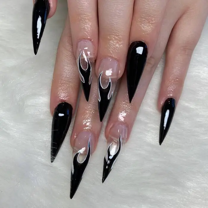 Glossy Black Flame Design Stilettos Glossy Black Flame Design Stilettos — Winter Stiletto Nails