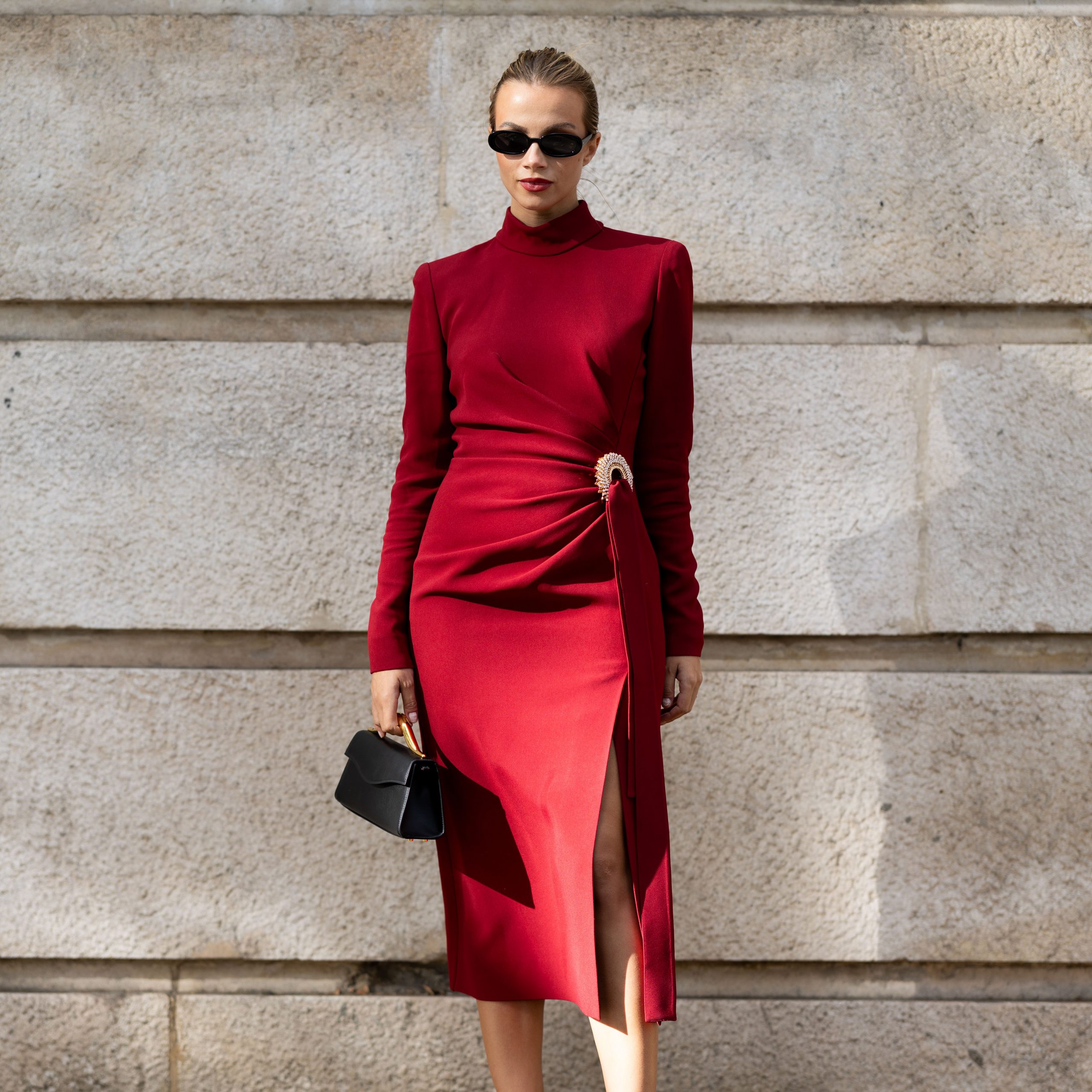 Elegant Red Crepe Dress for Evening Dining — Winter Dinner Outfits
