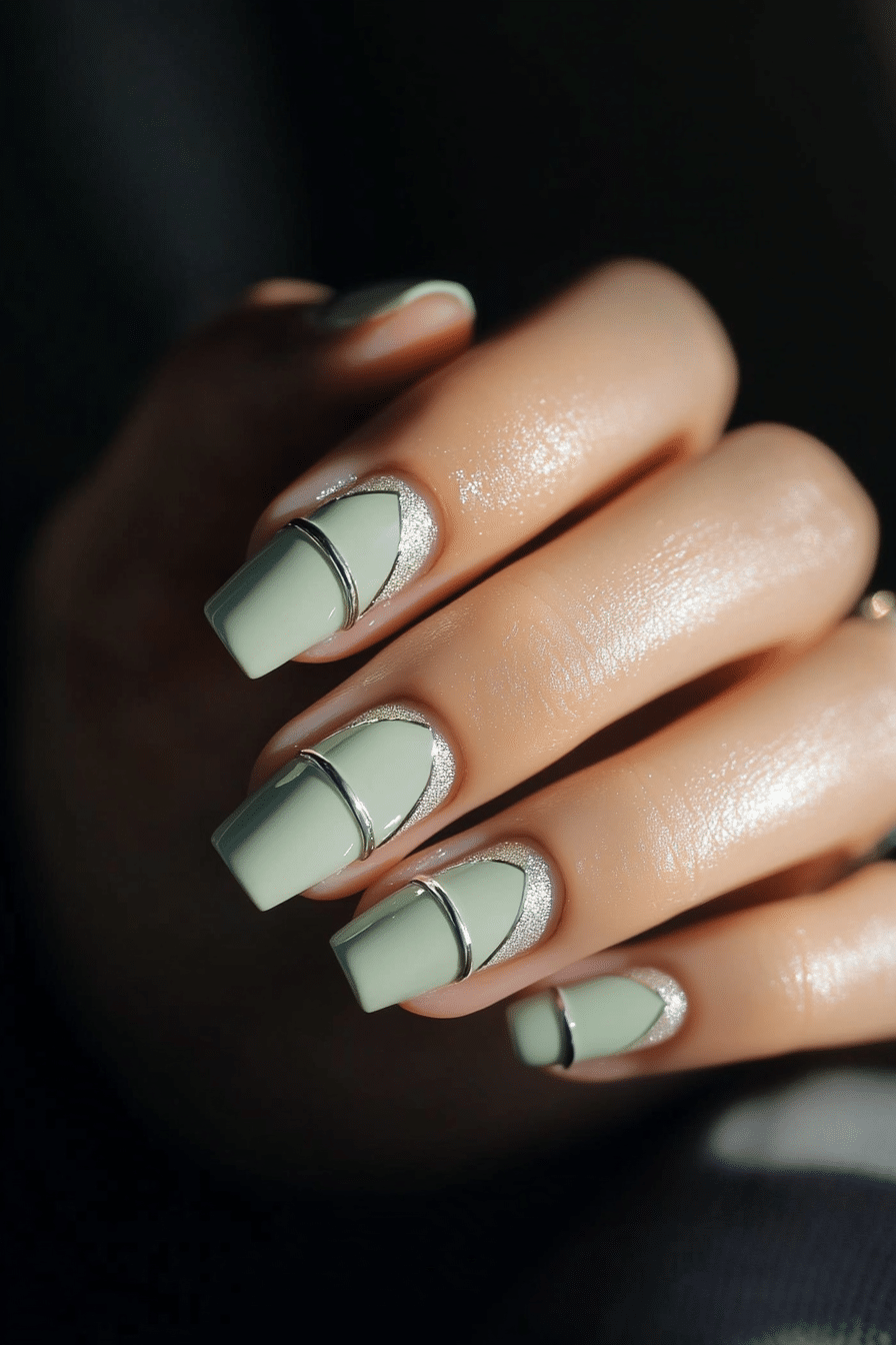 Matte Sage Green with Silver Cuticle Accents Matte Sage Green with Silver Cuticle Accents — Classy Simple Nail Designs