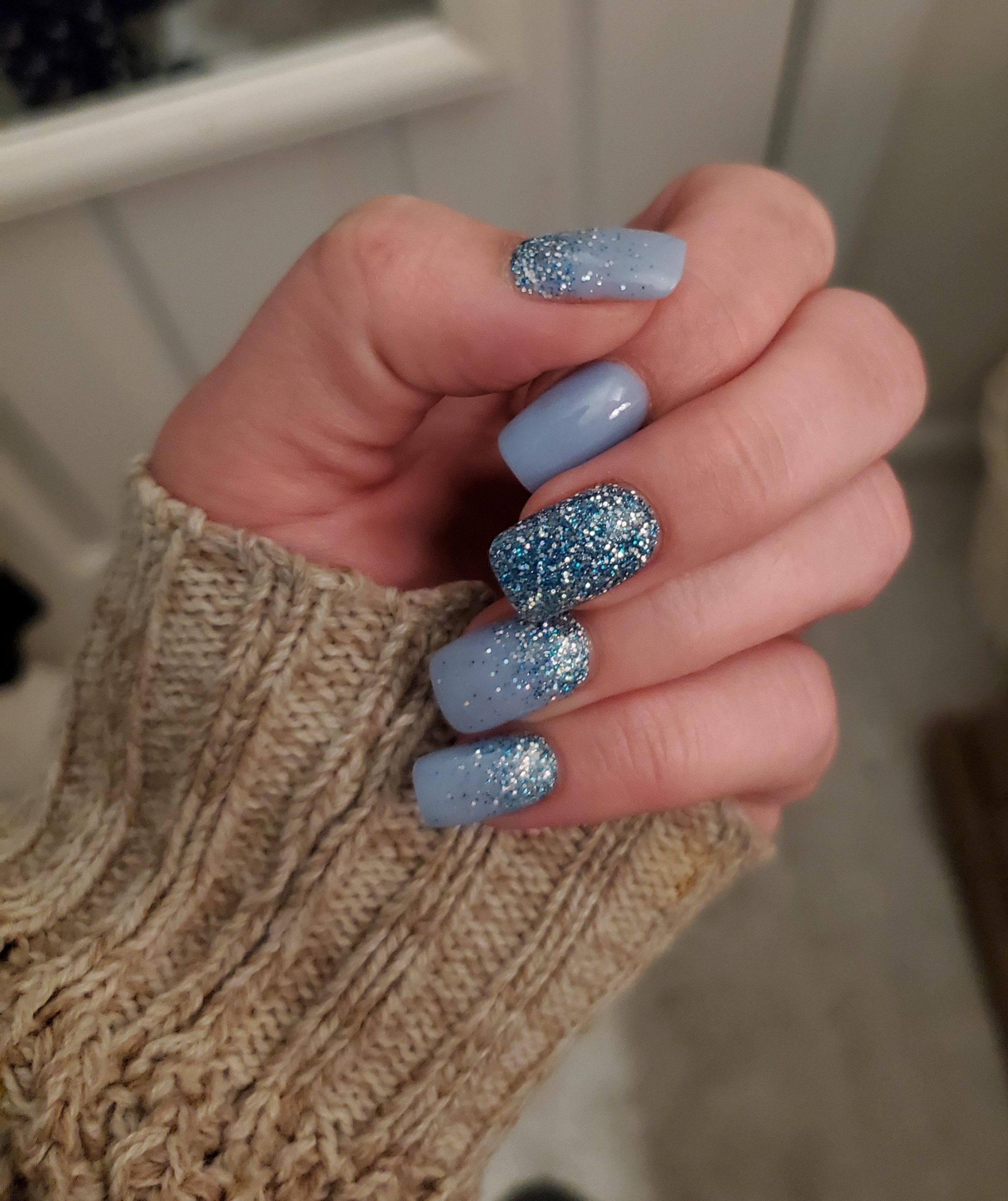Light Blue Glitter Accent Square Nails — Winter Dip Powder Nails