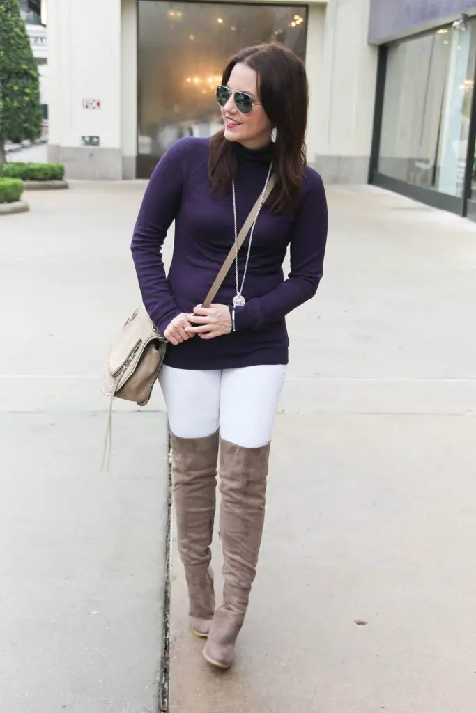 Taupe Suede Boots with Purple Turtleneck and White Jeans Taupe Suede Boots with Purple Turtleneck and White Jeans — Over the Knee Boots Outfits