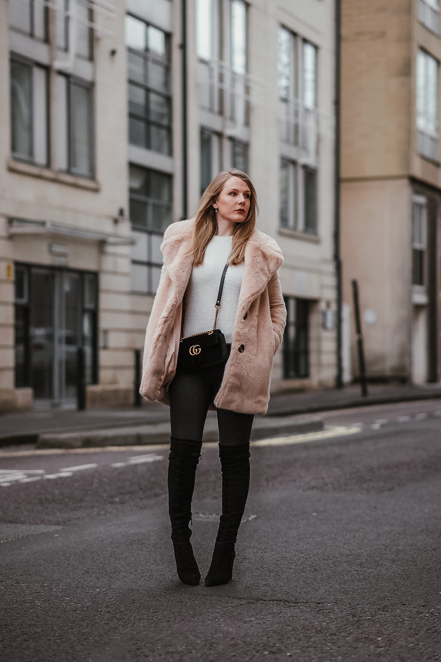 Soft Pale Pink Faux Fur Coat with Over-the-Knee Boots Soft Pale Pink Faux Fur Coat with Over-the-Knee Boots — Faux Fur Coat Outfits
