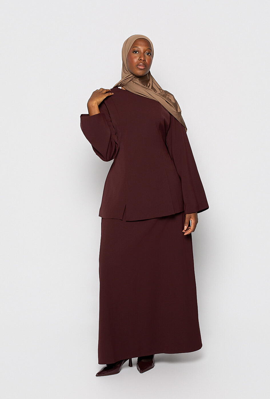 Dark Brown Structured Top and A-Line Skirt for Modest Elegance Dark Brown Structured Top and A-Line Skirt for Modest Elegance — Modest Winter Outfits