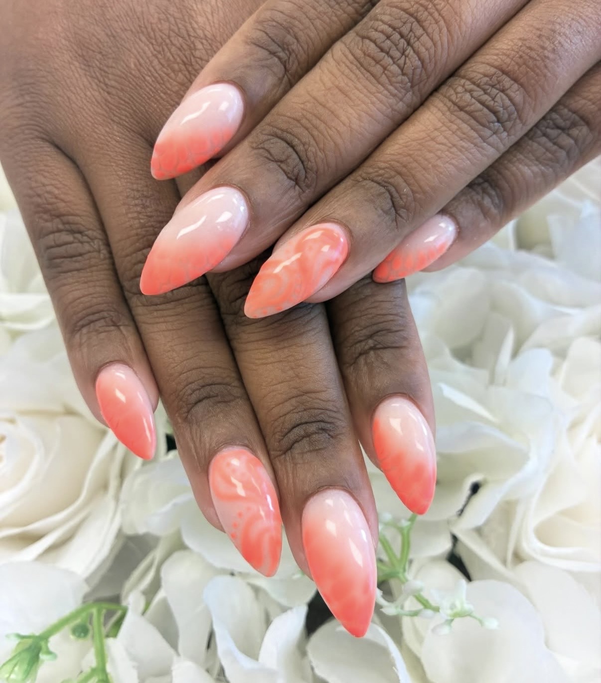 Nude to Coral Marble Gradient Stilettos Nude to Coral Marble Gradient Stilettos — Cute Nail Designs