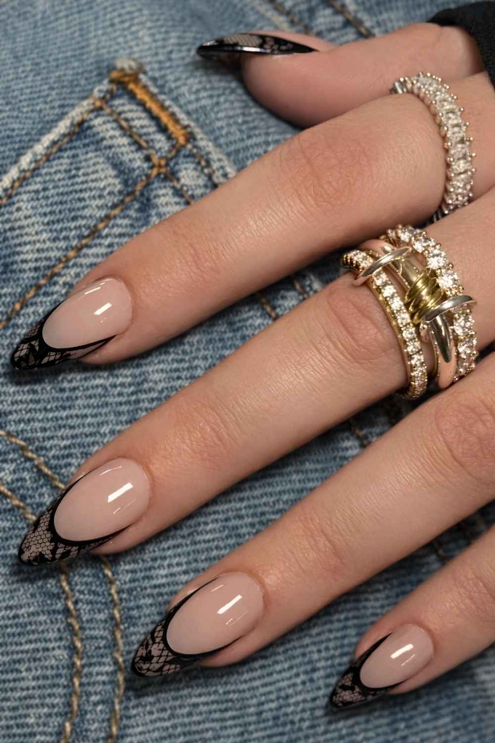 Black Lace Tip Stiletto Nails — Lace Nails