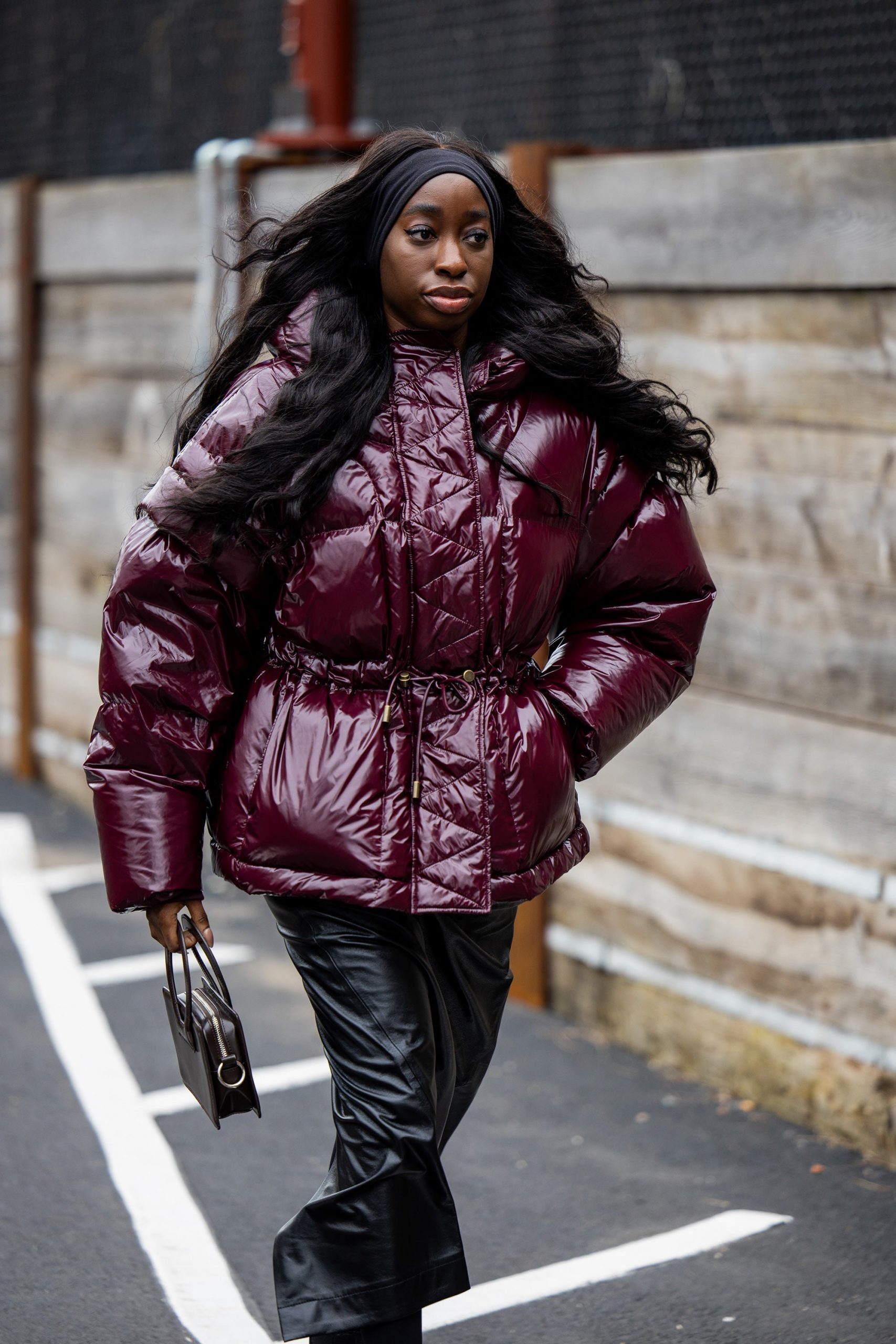 Shiny Burgundy Puffer with Leather Pants and Boots Shiny Burgundy Puffer with Leather Pants and Boots — Long Puffer Coat Outfits