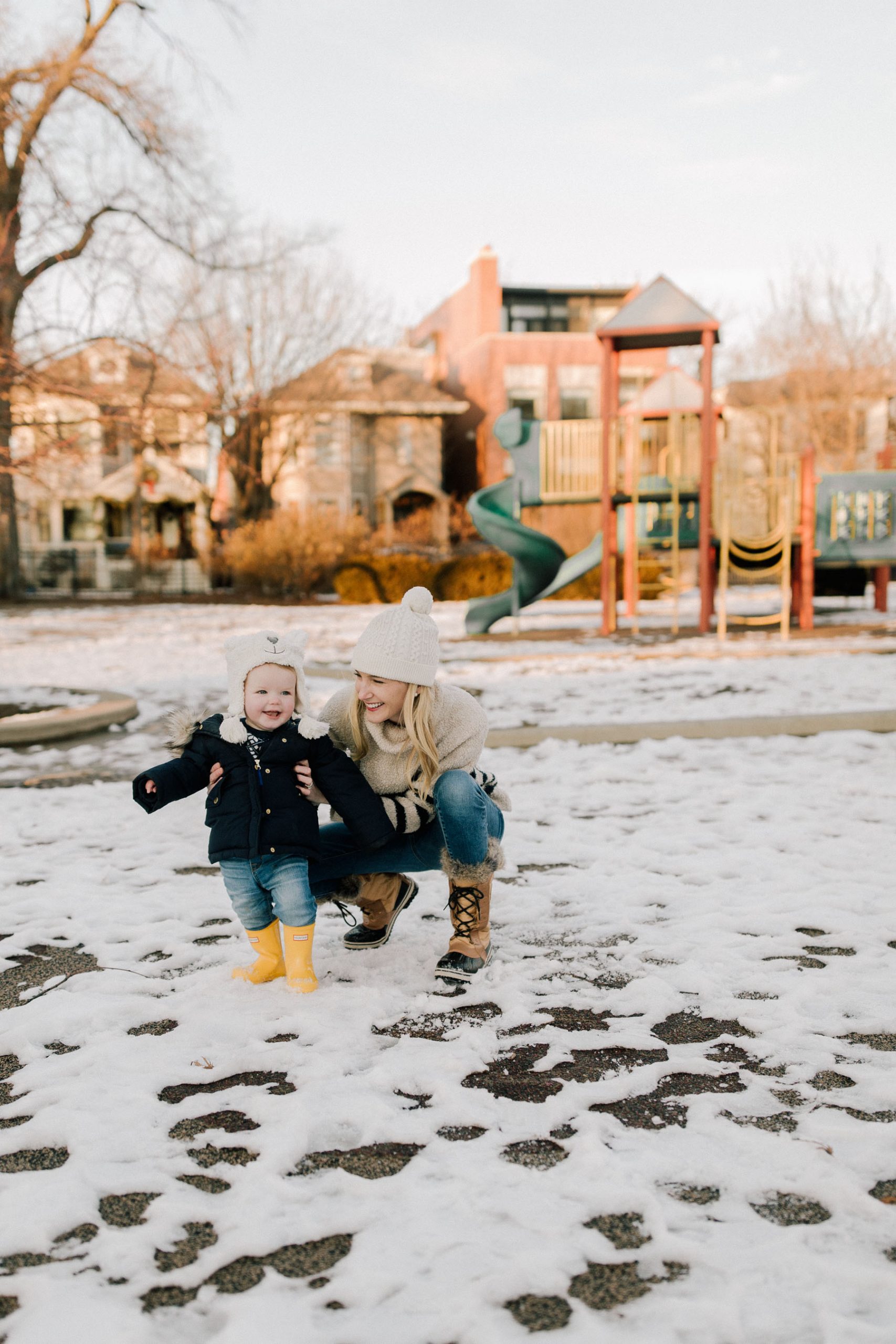 Navy Puffer Jacket and Cable-Knit Sweater for a Family Snow Day — Snow Day Outfits