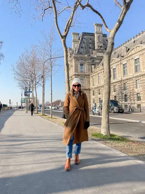 Camel Wool Coat and Plaid Scarf for Cozy Winter Journeys — Winter Travel Outfits
