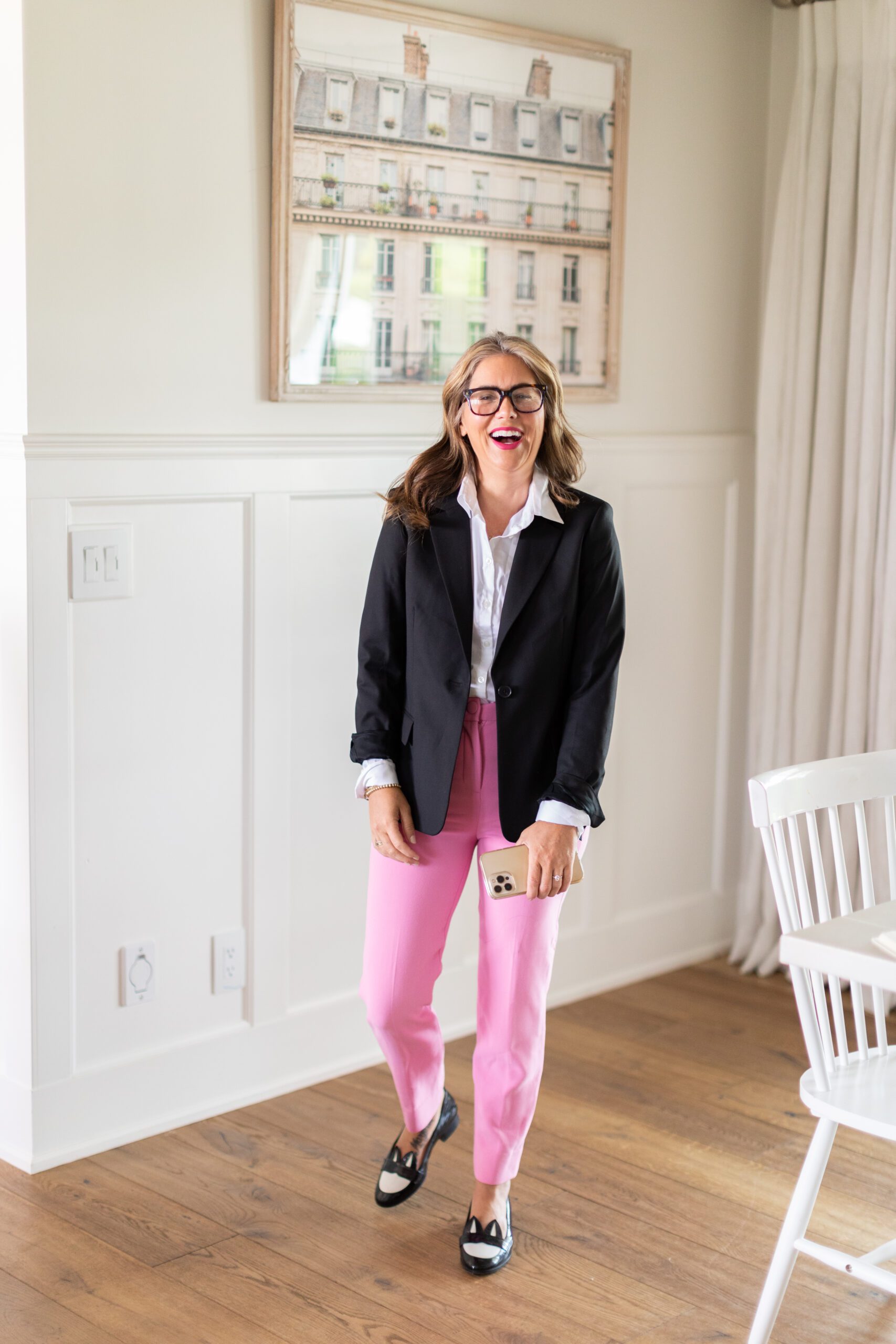Chic Pink Trousers Paired with a Classic Black Blazer Chic Pink Trousers Paired with a Classic Black Blazer — Winter Teacher Outfits