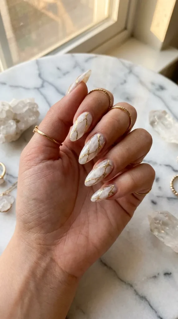 White Gold Marble Almonds White Gold Marble Almonds — Almond Nail Designs