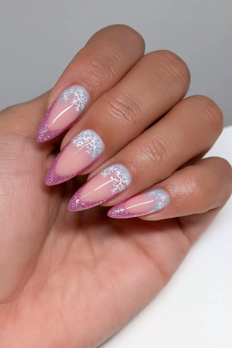Snowflake Glitter French Stilettos Snowflake Glitter French Stilettos — Winter Pink Nails