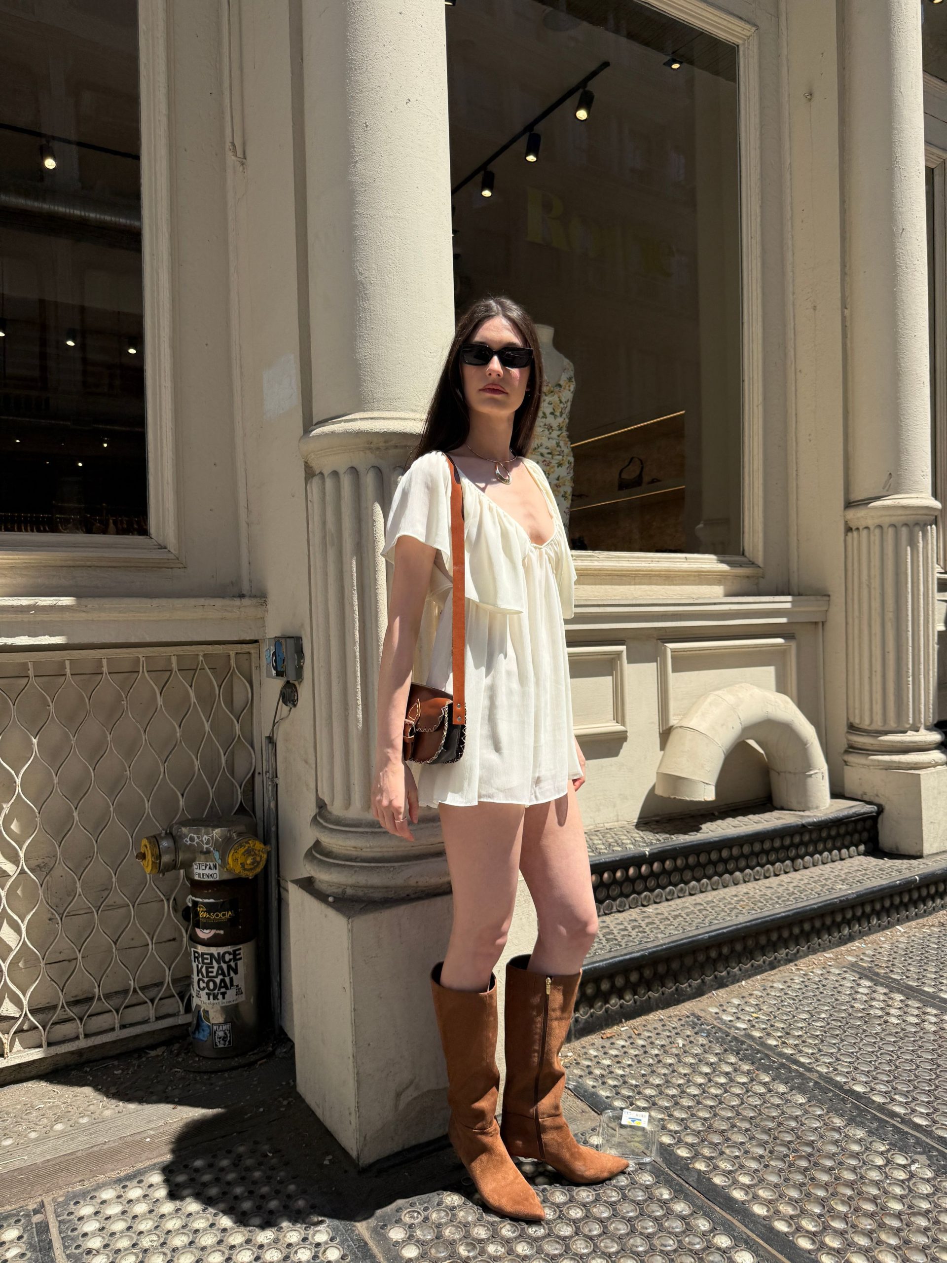Casual Summer Suede Knee-High Boots with Ruffled Mini Dress Casual Summer Suede Knee-High Boots with Ruffled Mini Dress — Riding Boots Outfits