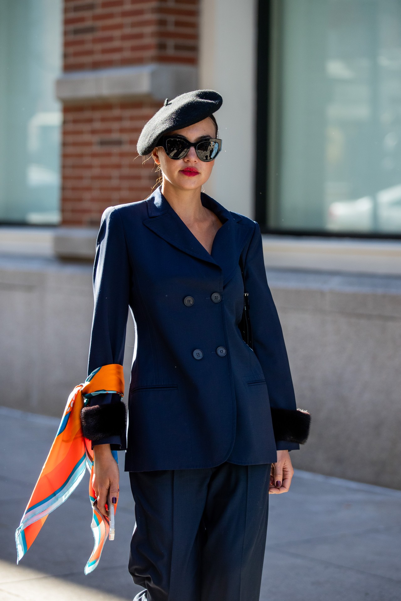 Black Beret with Navy Suit and Silk Scarf — Beret Outfits