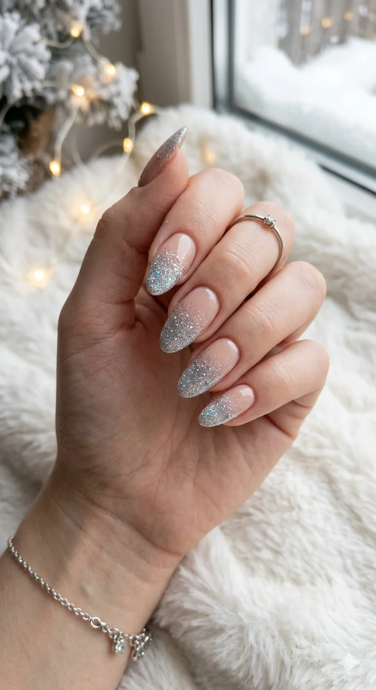 Silver Glitter Gradient Almond Nails Silver Glitter Gradient Almond Nails — Winter Acrylic Nails