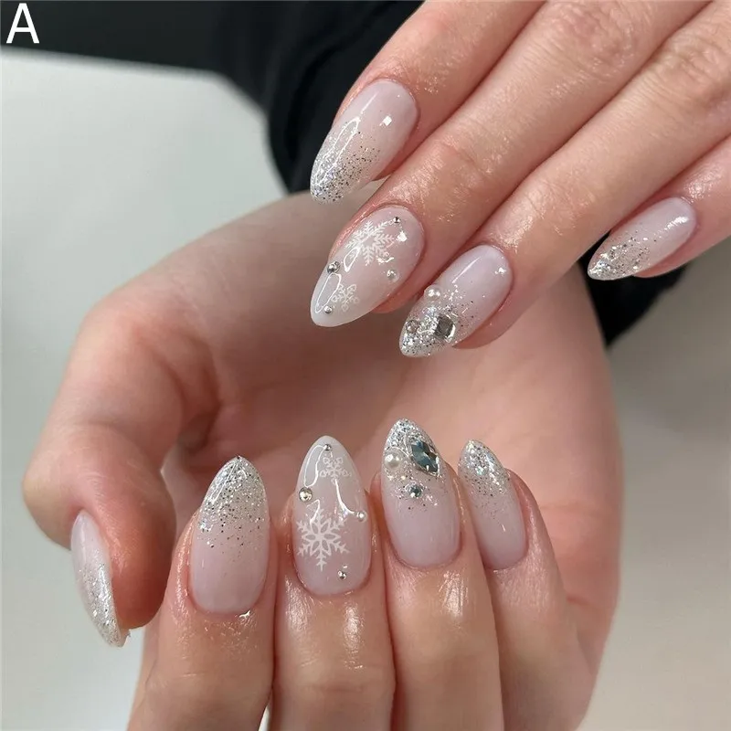 Pale Pink Glitter Gradient Snowflake Nails Pale Pink Glitter Gradient Snowflake Nails — Medium Length Winter Nails