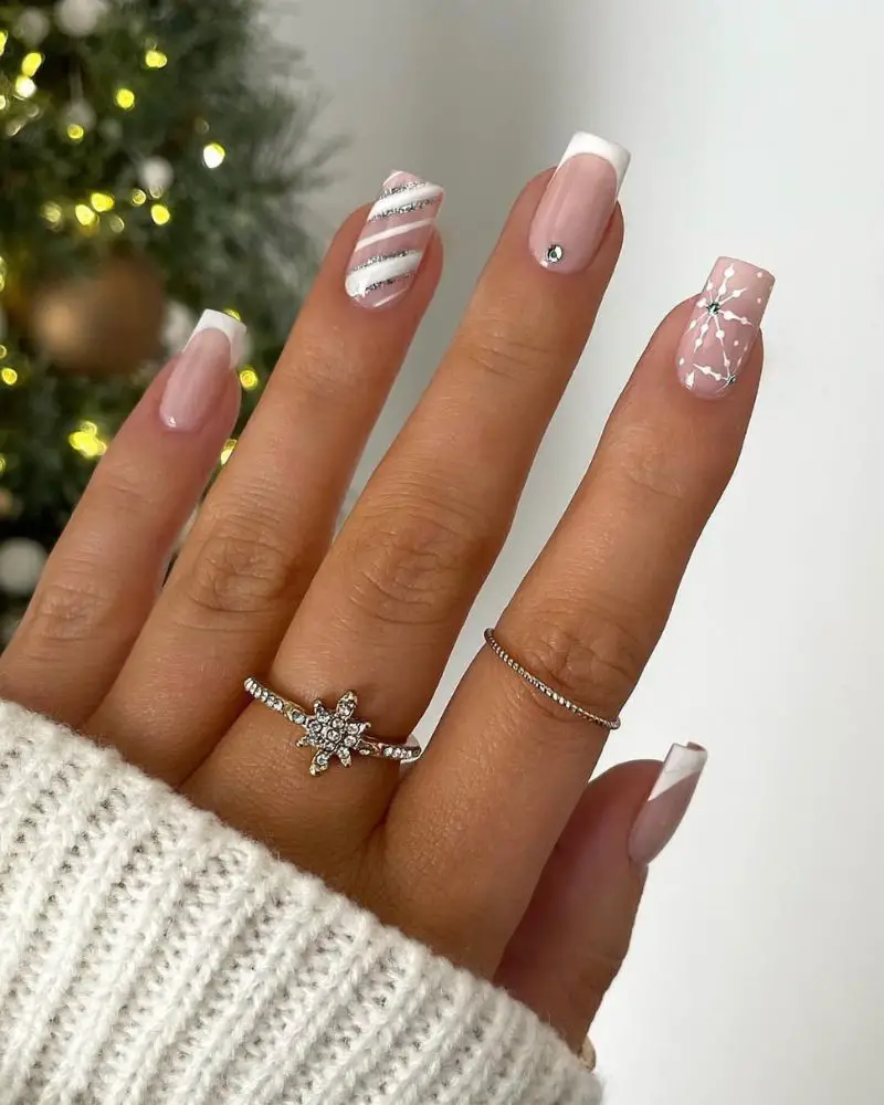 Diagonal French with Snowflake Gem — Winter Nail Art