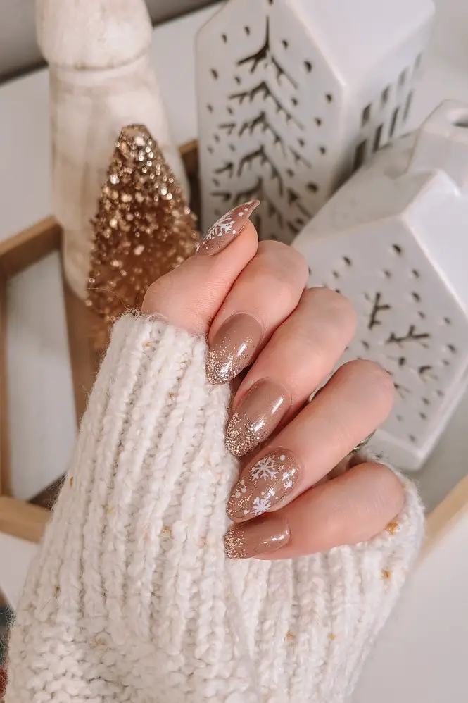 Nude Base Glitter Tip Snowflake Almonds Nude Base Glitter Tip Snowflake Almonds — Snowflake Nails