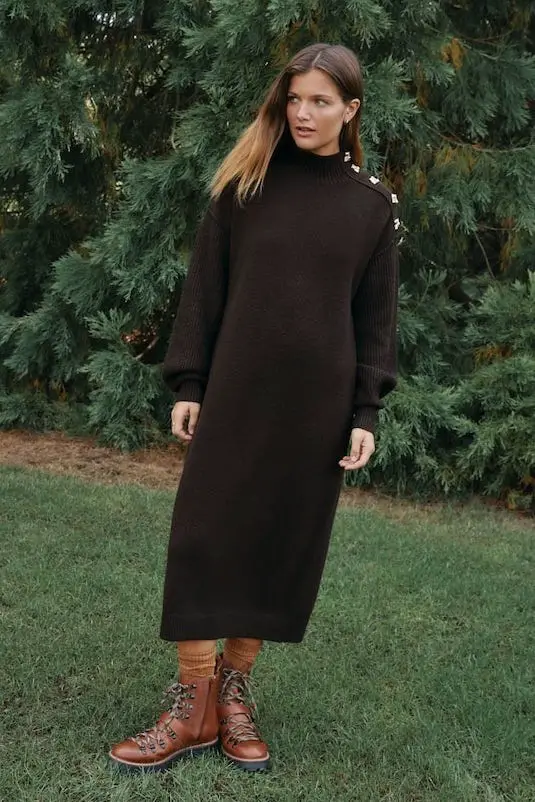 Dark Brown Knit Sweater Dress with Button Detail — Chocolate Brown Outfits