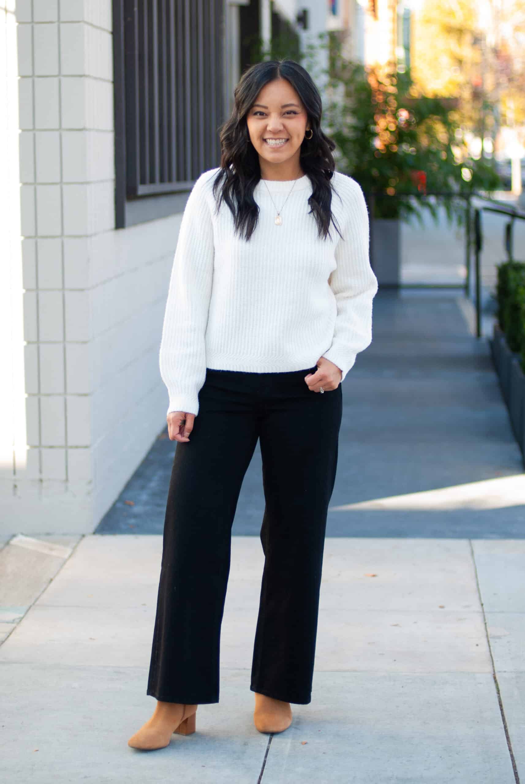 Minimalist White Knit Sweater with Wide-Leg Pants Minimalist White Knit Sweater with Wide-Leg Pants — Warm Winter Outfits