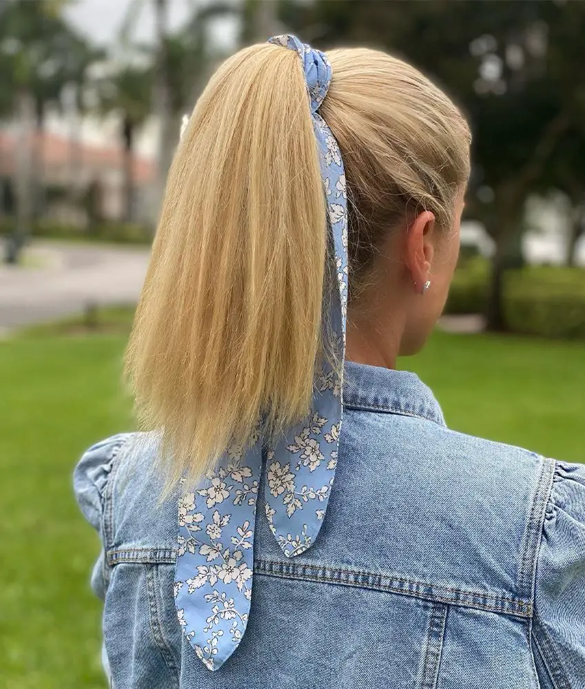 Blonde Ponytail with Floral Scarf Blonde Ponytail with Floral Scarf — Winter Hairstyles with Scarf