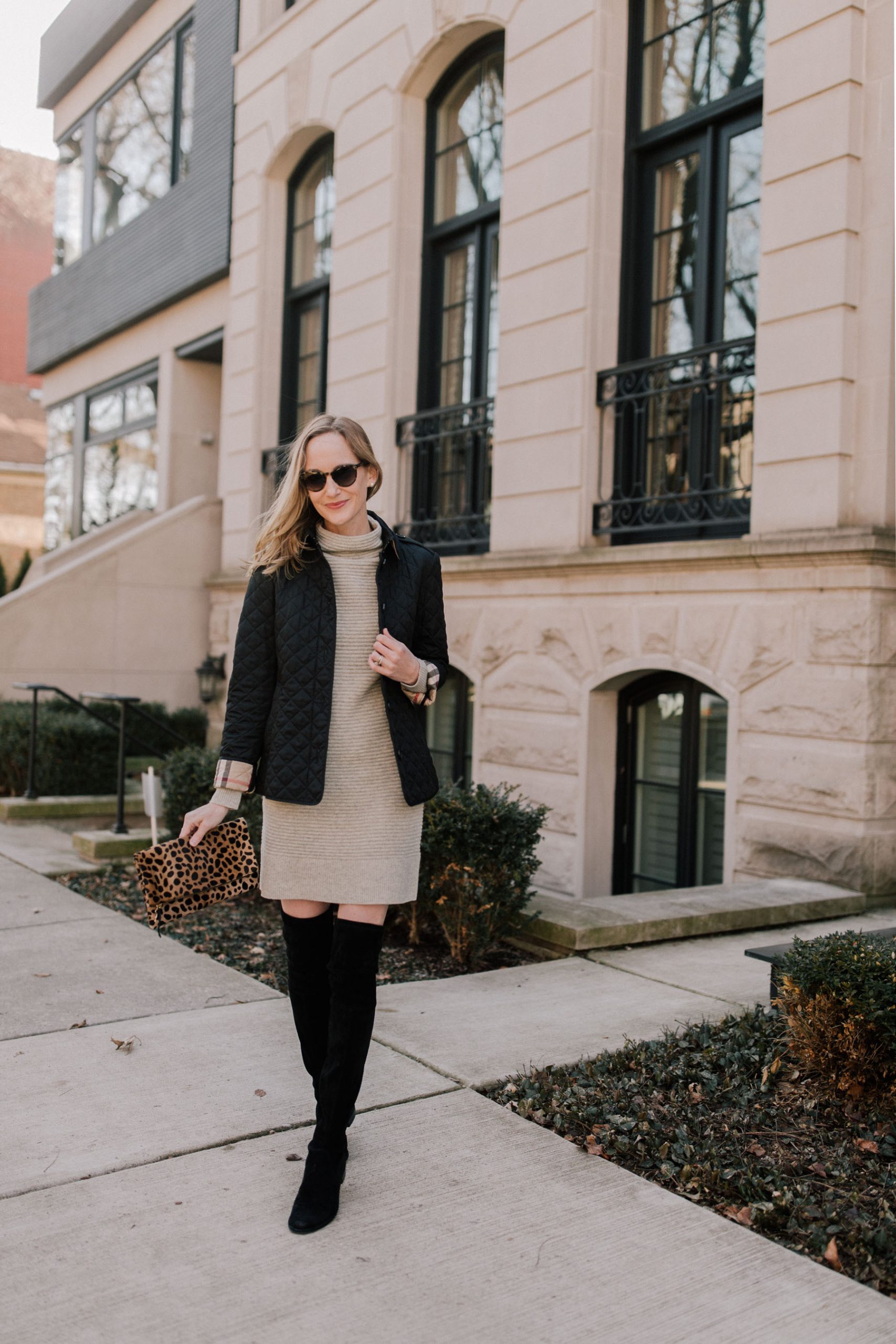 Beige Knit Sweater Dress with Quilted Jacket Beige Knit Sweater Dress with Quilted Jacket — Winter Dress Outfits