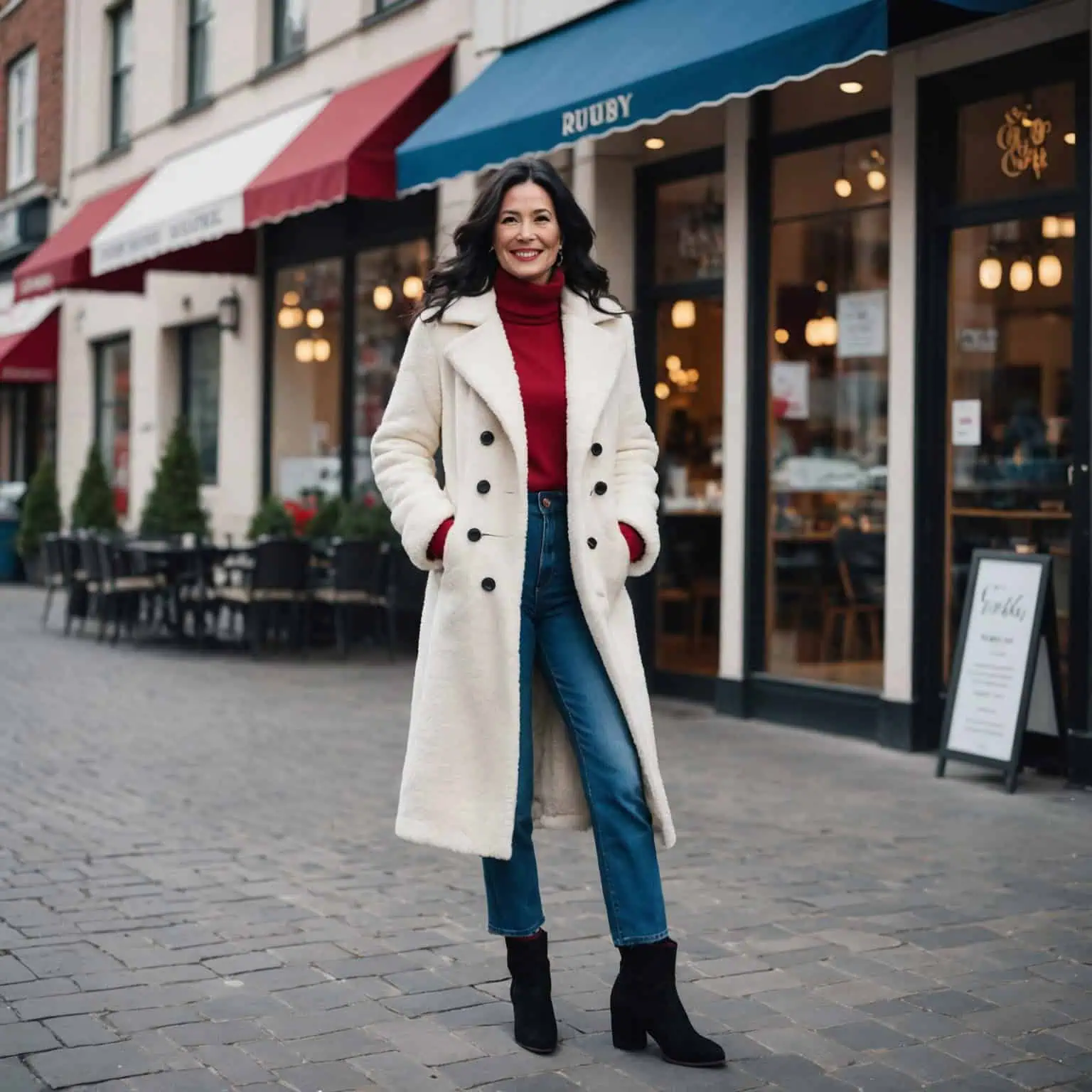 Cream Teddy Fleece Coat Over Red Turtleneck and Blue Jeans — Casual Winter Outfits for Women Over 50