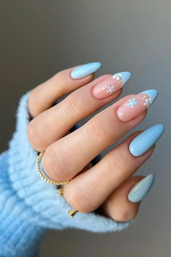 Baby Blue French with White Floral Accents Baby Blue French with White Floral Accents — Icy Blue Nails