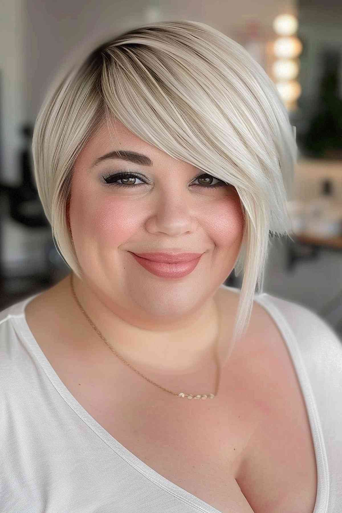 Ash Blonde Asymmetrical Bob With Dark Roots Ash Blonde Asymmetrical Bob With Dark Roots — Winter Haircuts for Plus Size Women