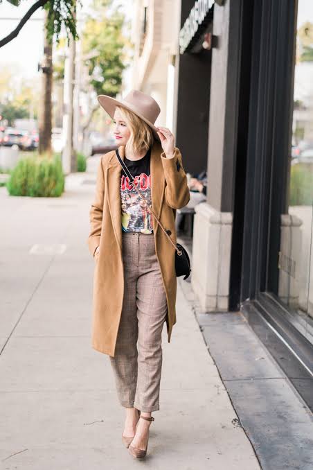 Camel Coat with Graphic Tee, Plaid Pants, and Fedora — Neutral Winter Outfits