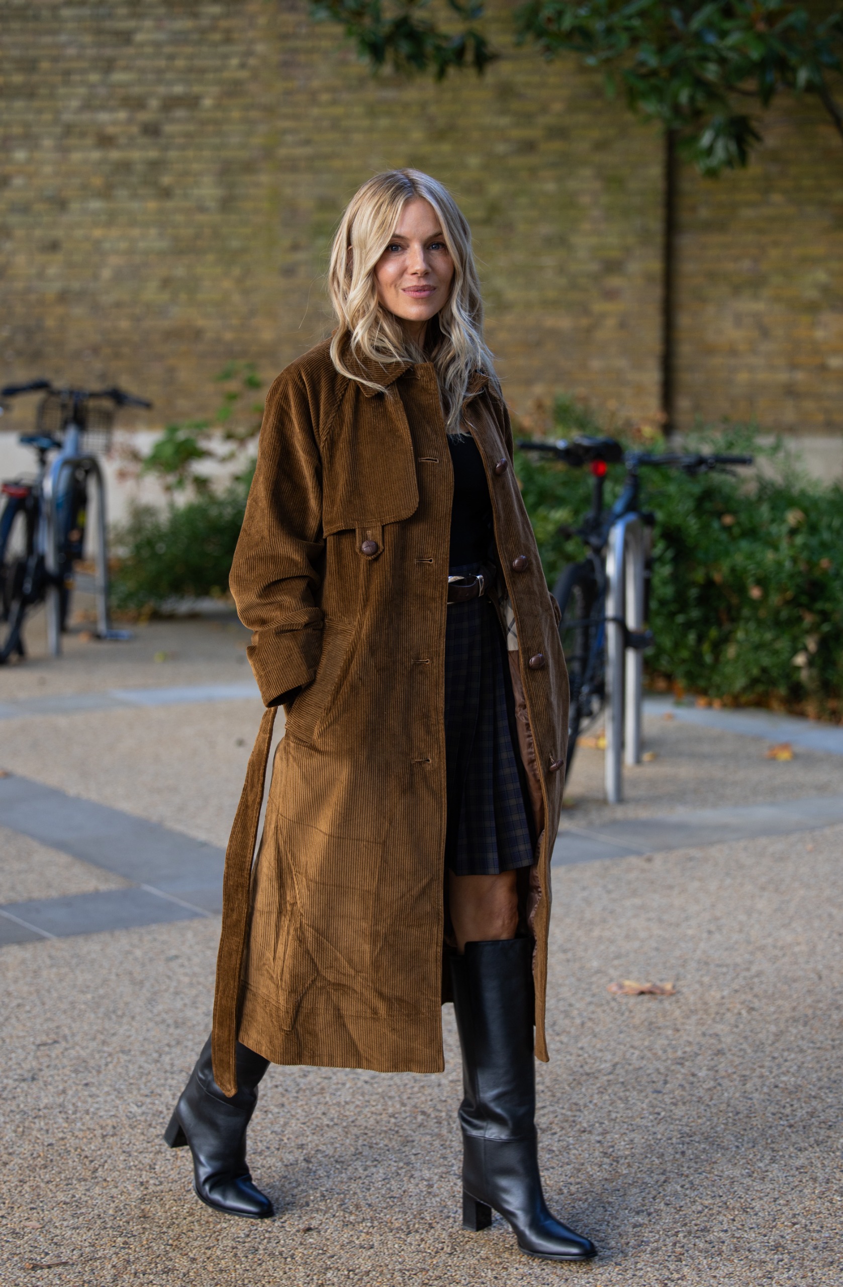 Brown Corduroy Coat with Plaid Mini Skirt Brown Corduroy Coat with Plaid Mini Skirt — Wool Coat Outfits