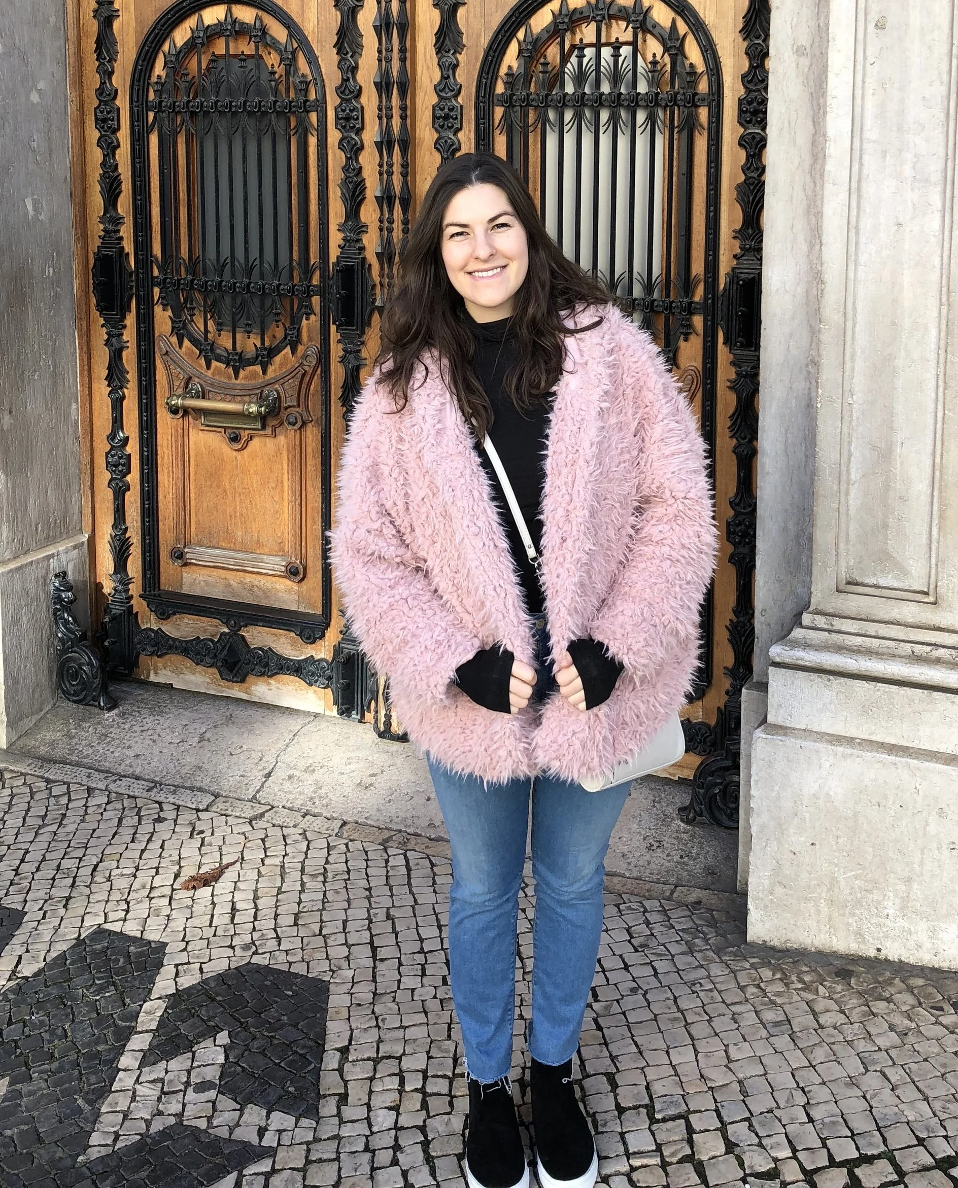 Pink Fluffy Faux Fur Coat for a Playful City Statement Pink Fluffy Faux Fur Coat for a Playful City Statement — Europe Winter Outfits
