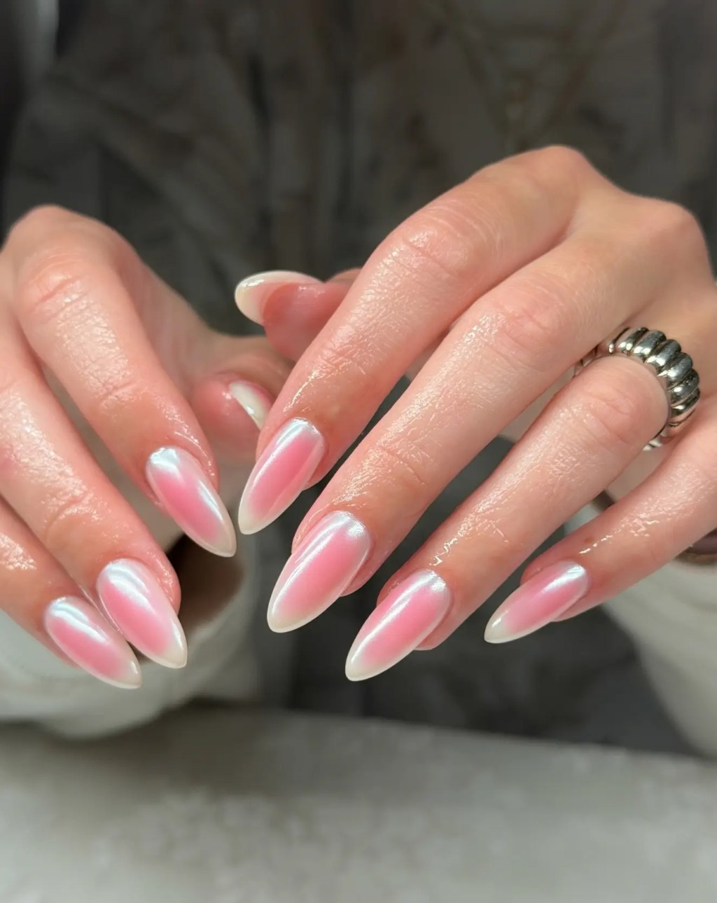 Both Hands Sheer Pink Pearlescent Almonds Both Hands Sheer Pink Pearlescent Almonds — Almond Nail Inspo