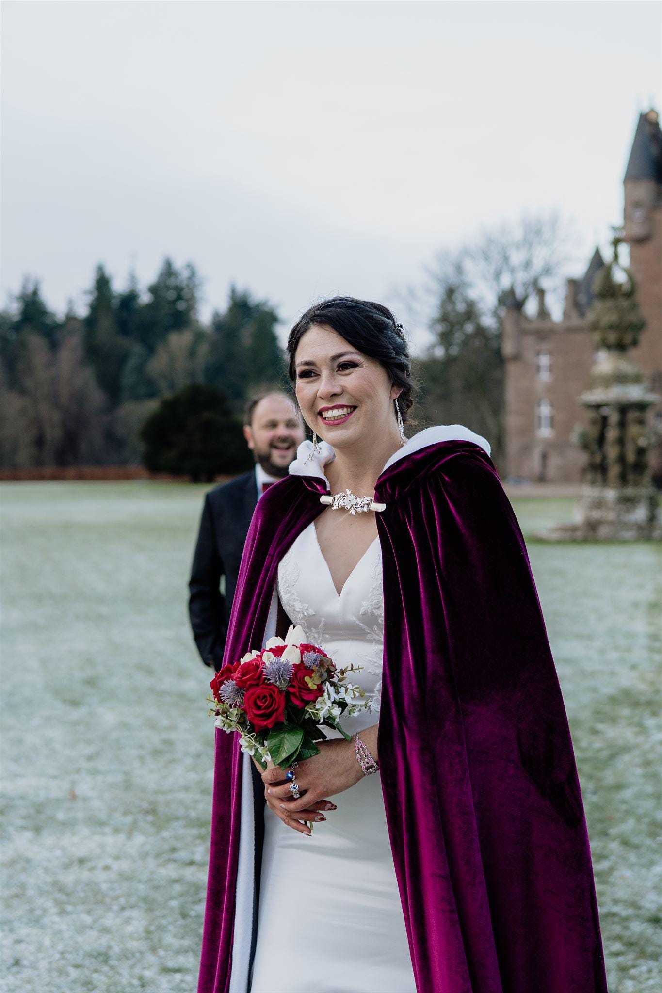 Dark Brown Half-Up Waves With Velvet Cape Dark Brown Half-Up Waves With Velvet Cape — Winter Wedding Hairstyles
