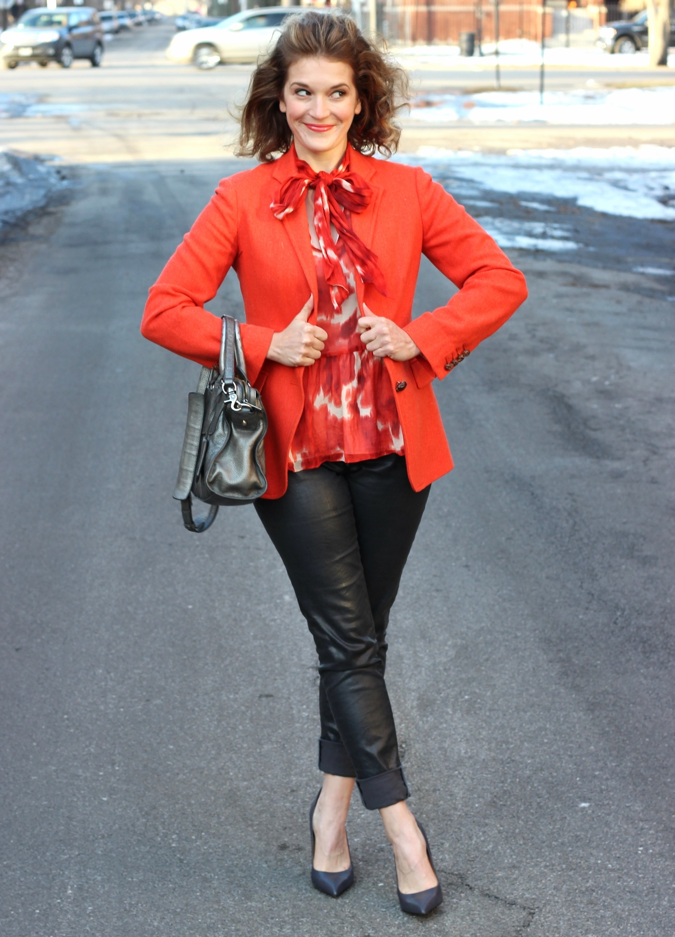 Orange Blazer, Patterned Blouse, and Slim Trousers Orange Blazer, Patterned Blouse, and Slim Trousers — Winter to Spring Transition Outfits