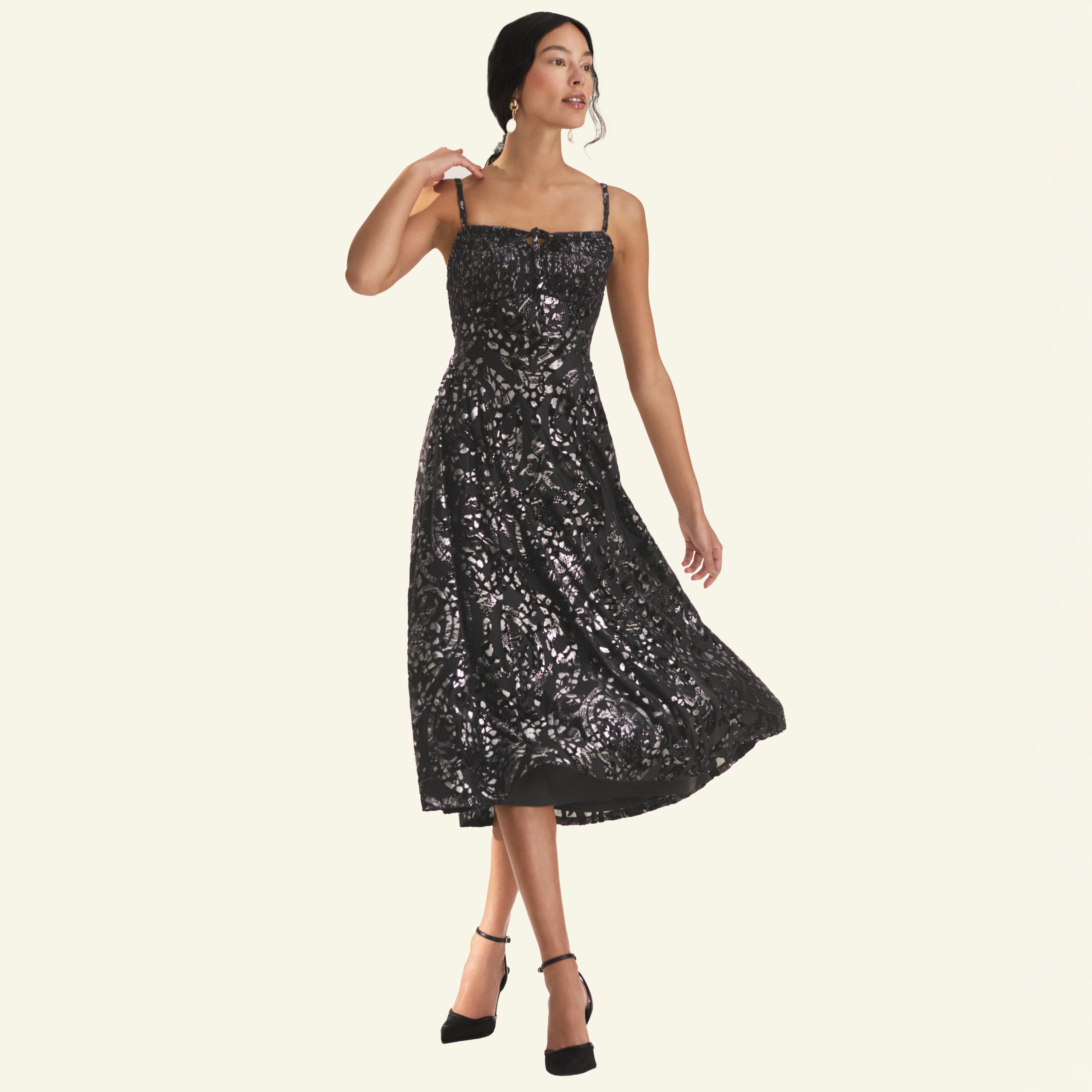 Black Fit-and-Flare Midi Dress with All-Over Silver Sequins — Winter Wedding Guest Outfits
