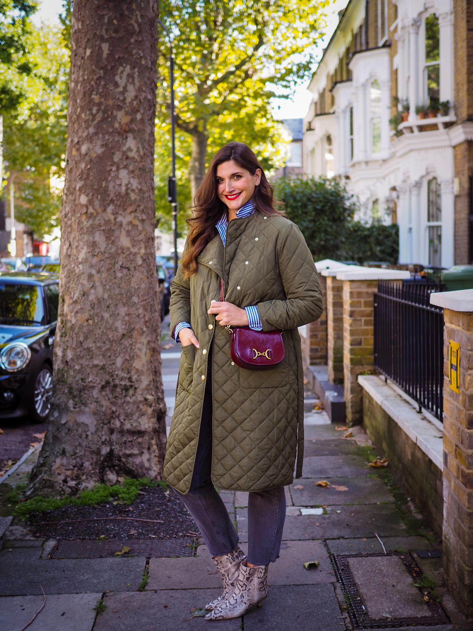 Quilted Olive Coat with Snakeskin Boots — London Winter Outfits