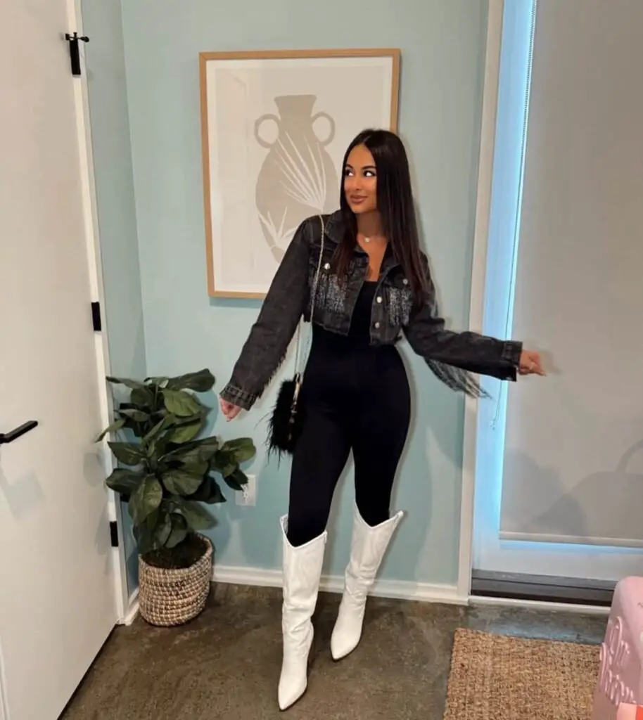 Fringed Denim Jacket with Black Top and White Cowboy Boots Fringed Denim Jacket with Black Top and White Cowboy Boots — Nashville Winter Outfits