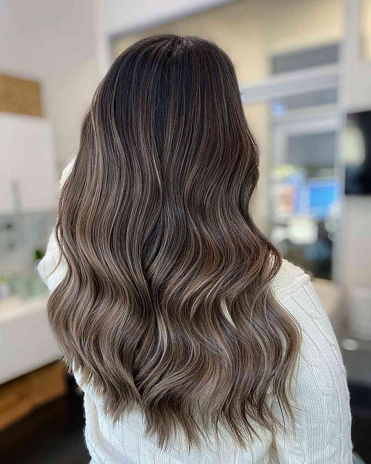 Mid-Back Dark Base Ash Blonde Balayage — The Texture Is Wavy With Medium Density Mid-Back Dark Base Ash Blonde Balayage — The Texture Is Wavy With Medium Density — Mushroom Brown Hair