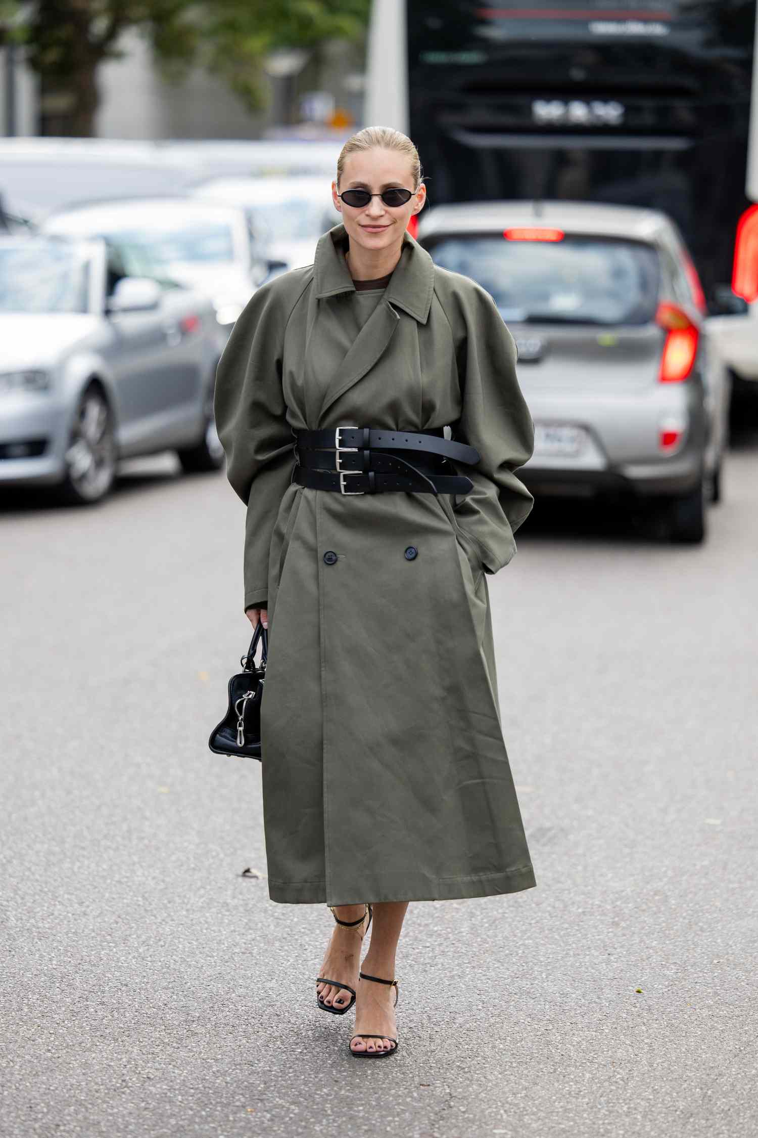 Olive Green Oversized Trench Coat with Bold Belt — Long Coat Outfits