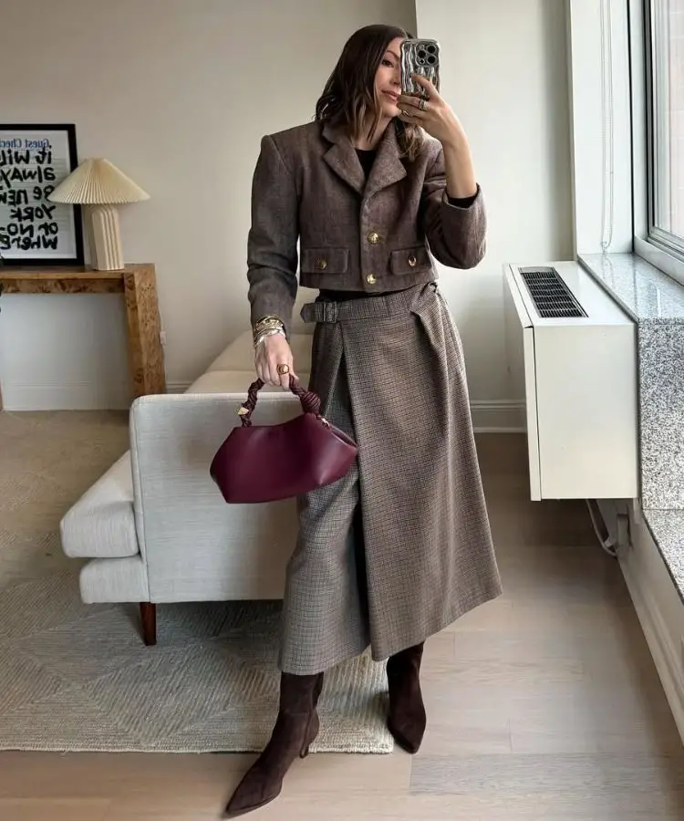 Plaid Wrap Skirt and Tweed Jacket with Brown Suede Boots — Knee High Boots Outfits
