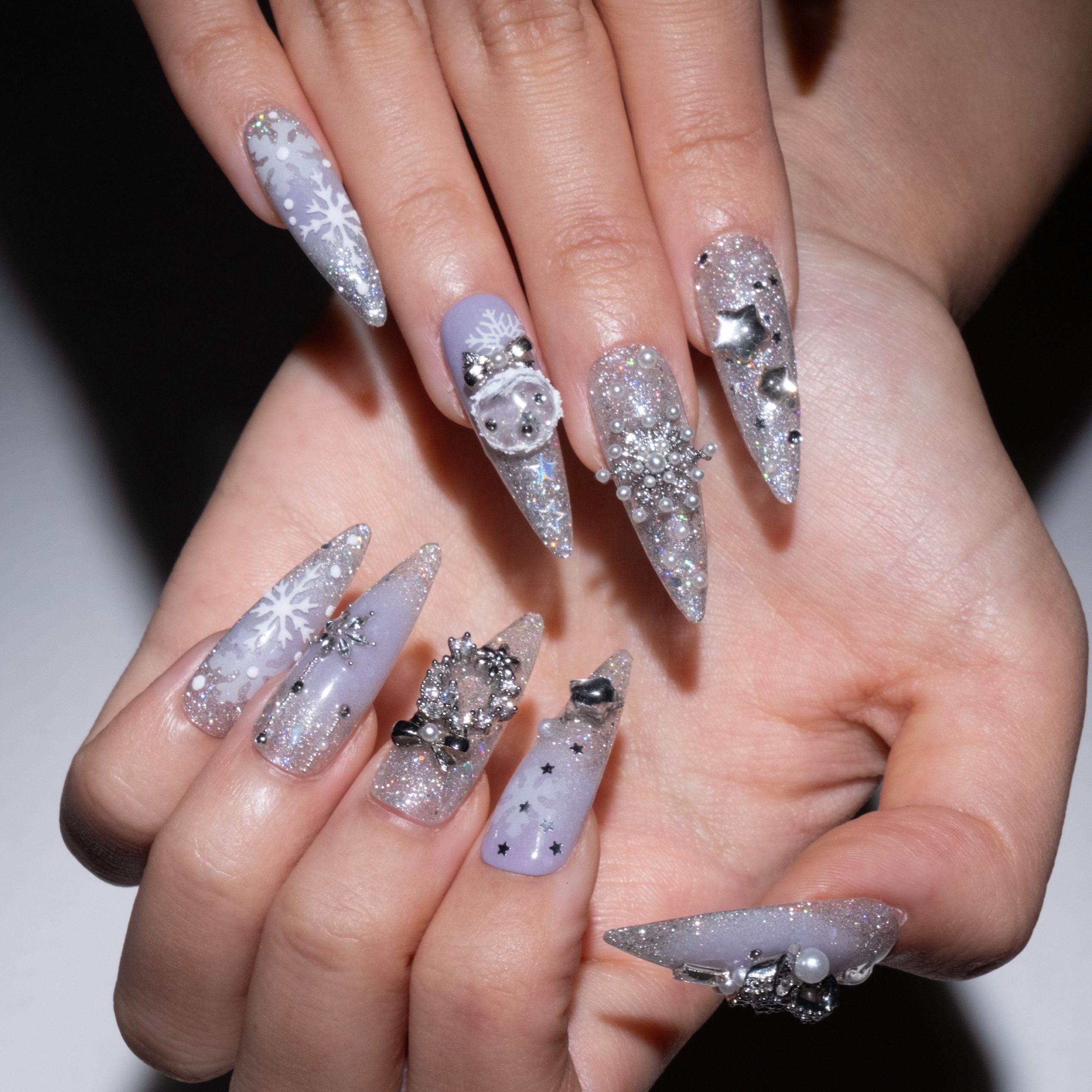 Lavender Snowflake Charm Stilettos Lavender Snowflake Charm Stilettos — Winter Stiletto Nails