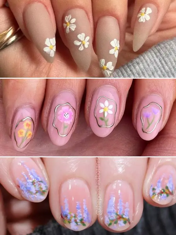 Long Stiletto Matte Nude Daisy Nails — Simple Nail Designs