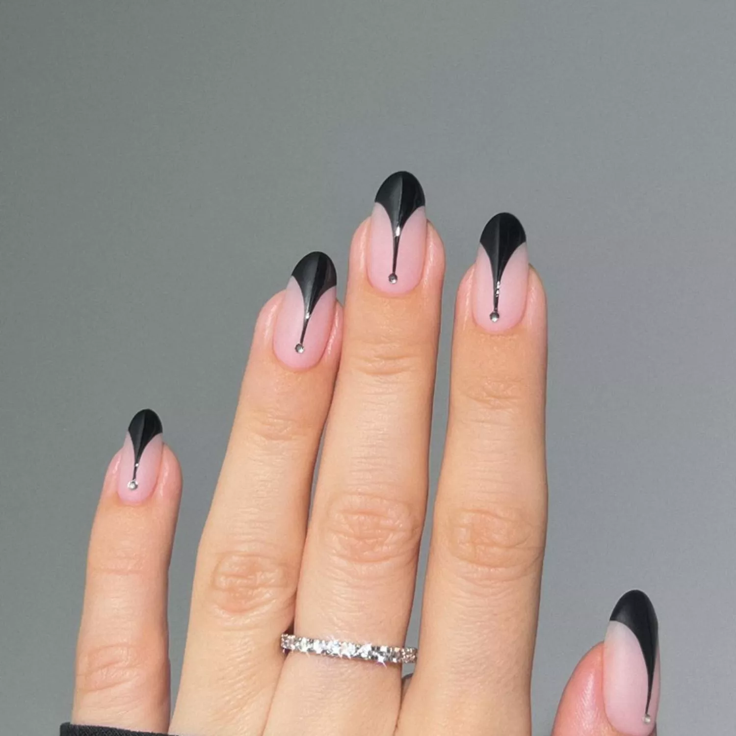 Black V-Tip Almonds with Rhinestones Black V-Tip Almonds with Rhinestones — Almond Nail Designs